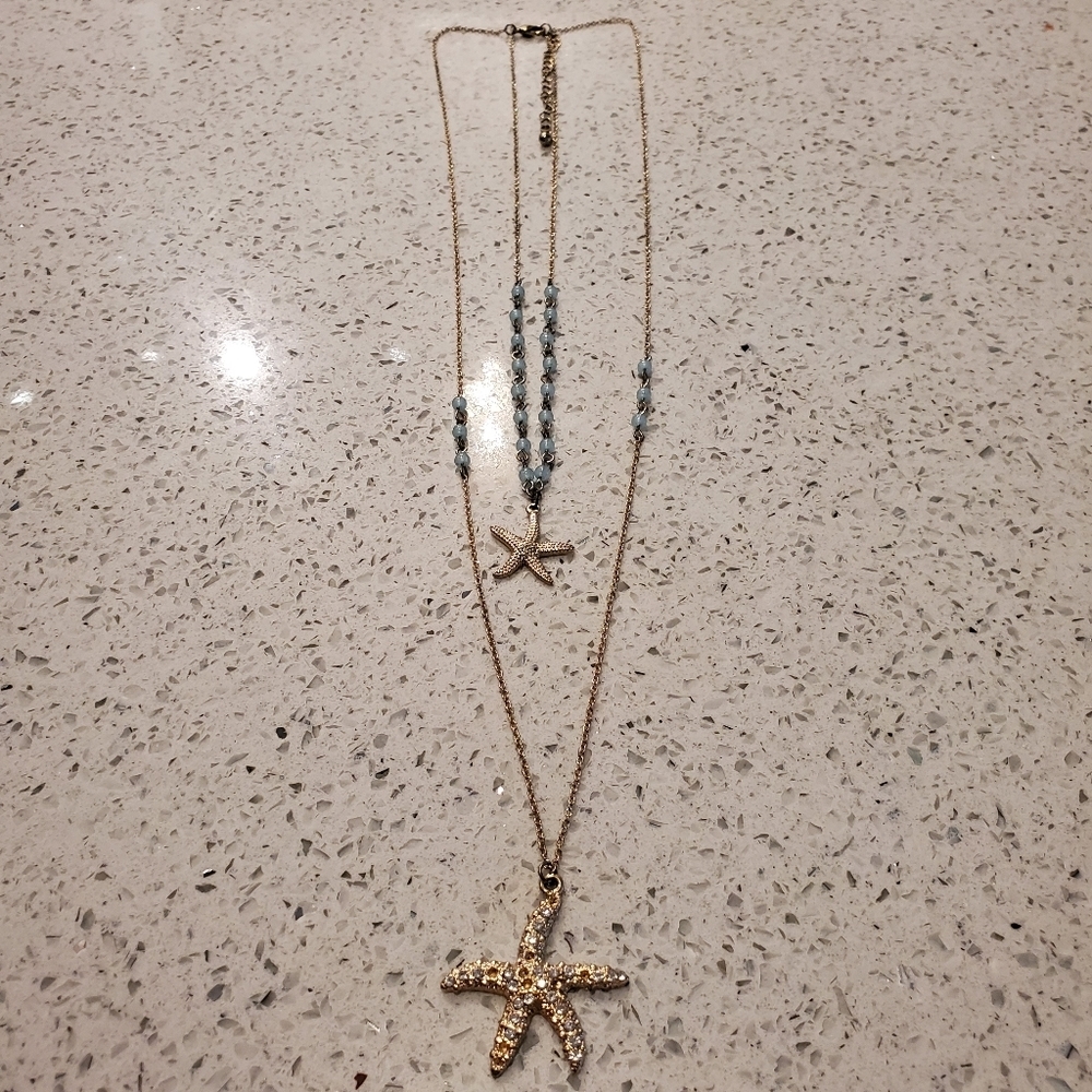 Starfish Gold Blue Bead Long Necklace Rhinestones Nautical Casual Beach Vacation